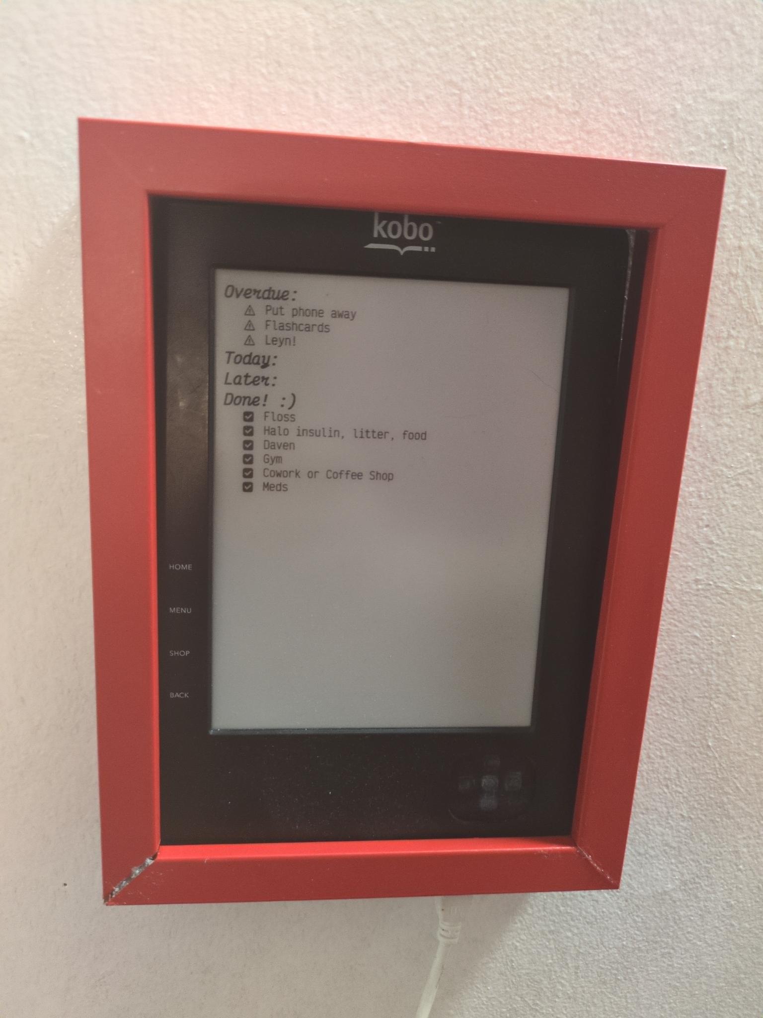 my kobo ereader with a basic text todo list rendered, with items categorized as Overdue/Today/Later/Done